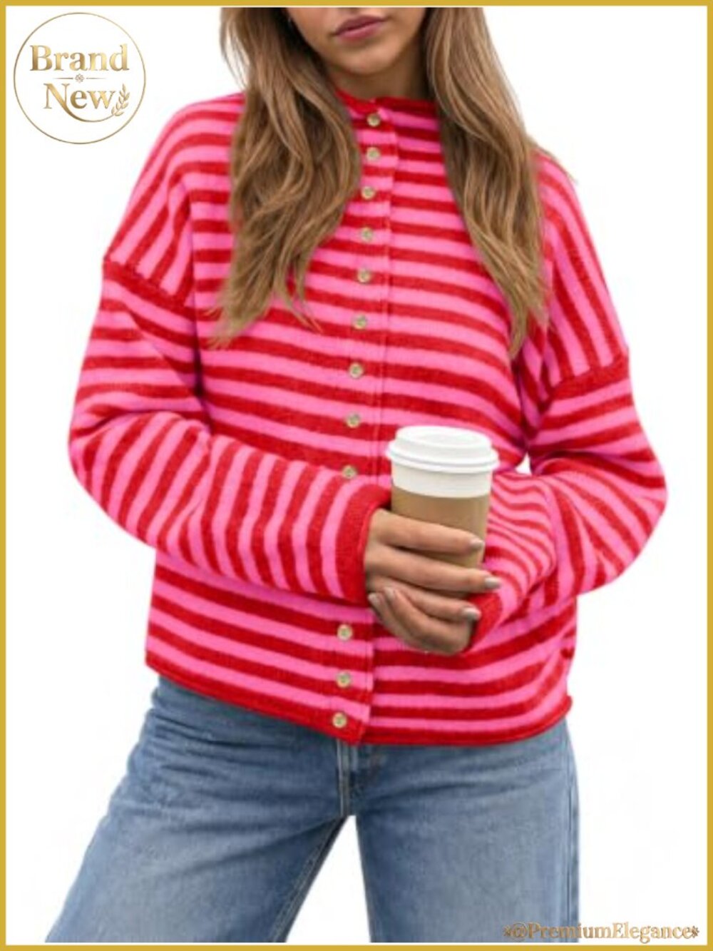 Women's Striped Mock Neck Cardigan Sweater Button Down Long Sleeve Fall Knit Top